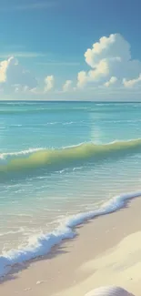 Tranquil beach wallpaper with blue waves and fluffy clouds.
