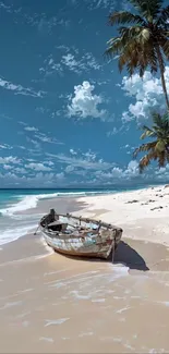 A tranquil beach with a boat and palm trees under a blue sky.