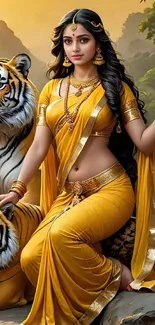 Woman in mustard yellow sari with tiger in a serene setting.