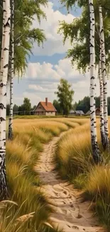 Birch trees line a sandy path to a distant cottage under a blue sky.