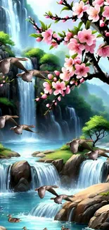 Cherry blossoms and birds over a waterfall.