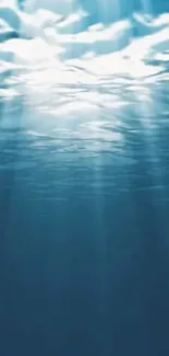 Underwater scene with light rays penetrating blue ocean depths.