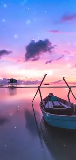 A tranquil boat floats under a starry pink sky.