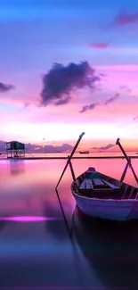 Tranquil boat on calm water under a stunning sunset sky.