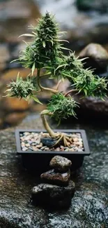 Bonsai tree with stones on a tranquil stream background.