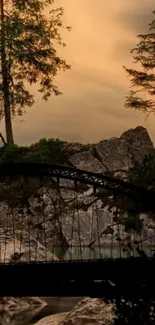 Silhouette of bridge with trees and evening sky.