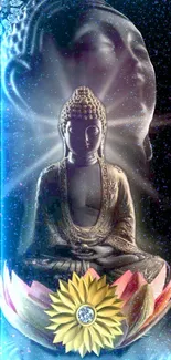 Cosmic Buddha with glowing mandala on a vibrant cosmic background.