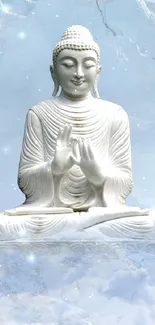 Buddha statue on a clouded mountain background creating a serene scene.