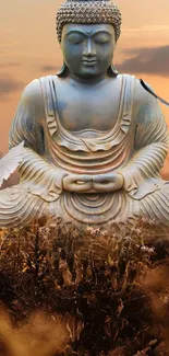 Buddha statue in golden field at sunrise, creating a serene atmosphere.