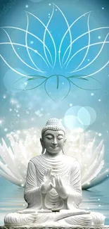 Buddha statue with lotus on a calming blue background.