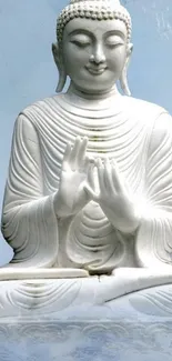 Serene Buddha statue against a sky blue background.