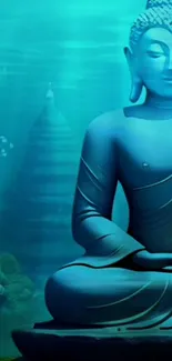 Tranquil underwater Buddha statue in peaceful turquoise setting.