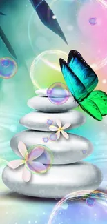 Vibrant mobile wallpaper with butterfly on stones.