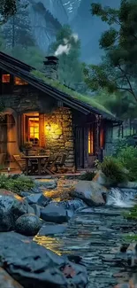 Rustic cabin by a flowing stream in forest