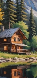 Cozy forest cabin with lake reflection under mountain.