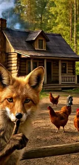 Fox near cabin with chickens in a forest setting.