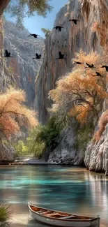 Canyon scene with boat and birds over water.