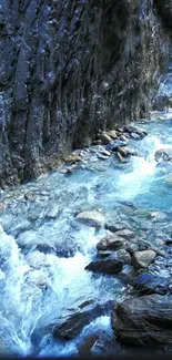 Serene canyon river flowing through rocky landscape with soothing blue hues.