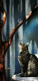 Tabby cat sits by a rustic tree against a gray wall.