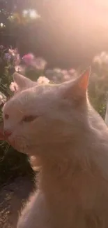 A serene white cat in a sunlit garden, surrounded by flowers.