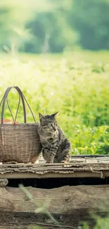 Cat sitting by woven basket in a green field.