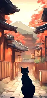 Black cat on a serene Japanese street with warm autumn hues and sunset.