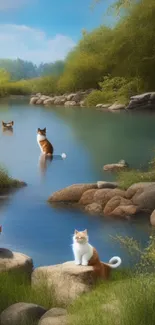 Cats by a peaceful river amidst lush greenery.