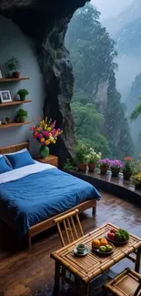 Cave bedroom with lush greenery and rain view.