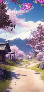 Cherry blossom path with mountain view and vibrant florals.