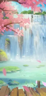 Peaceful scene with cherry blossoms and waterfall.