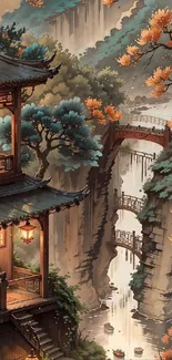 Japanese style artwork with nature and architecture.