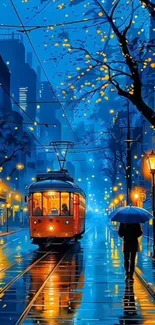 City night scene with tram and glowing lights on wet street.