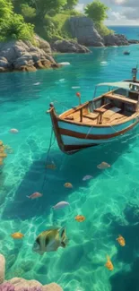 A wooden boat floats on turquoise waters, surrounded by fish.