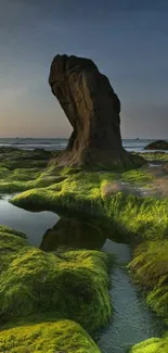 Serene coastal rock with green algae.