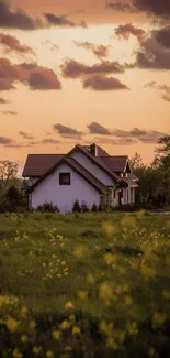 Cottage in a serene field at sunset.