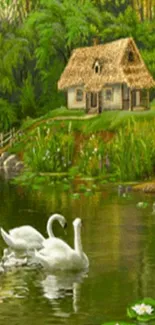 Serene cottage by a lake with swans and lush greenery.