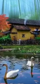 Serene lake with swans and cottage amid bamboo and autumn leaves.