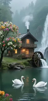 Cozy cottage by a waterfall with swans in a serene setting.