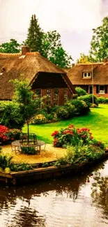 Peaceful country cottage with lush garden reflection.