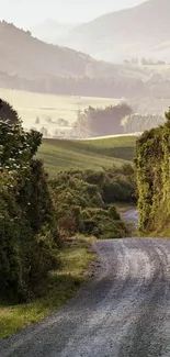 Tranquil countryside path with lush greenery and distant hills.