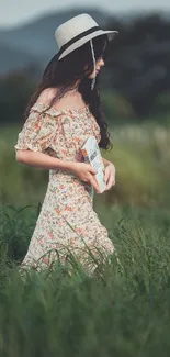 Woman in summer dress walking through green fields with mountains in background.