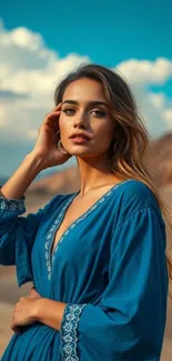 Woman in blue dress in a tranquil desert.