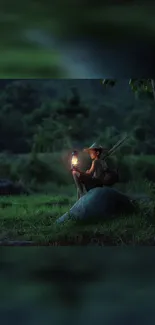 Child with lantern in tranquil evening forest, capturing nature's calm essence.