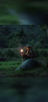 Boy holding lantern in tranquil forest scenery at dusk.