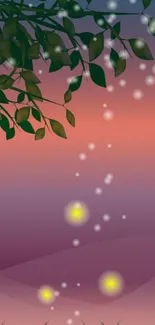 Serene evening wallpaper with leaves and glowing fireflies.