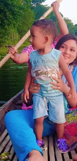 Family enjoying a serene boat ride on a lush green river.