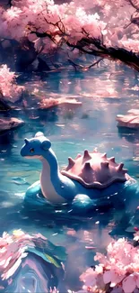 Mythical blue creature in cherry blossom lake.