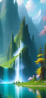 Fantasy mountains with waterfalls and cherry blossoms in a serene landscape.