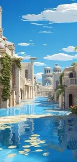 Fantasy cityscape with tranquil waters and lush scenery.