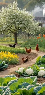 Farm garden with chickens and blooming trees in spring.